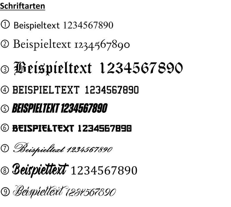 May include: A collection of nine different font styles, each with the text "Beispieltext 1234567890". The fonts range from simple and classic to bold and decorative.