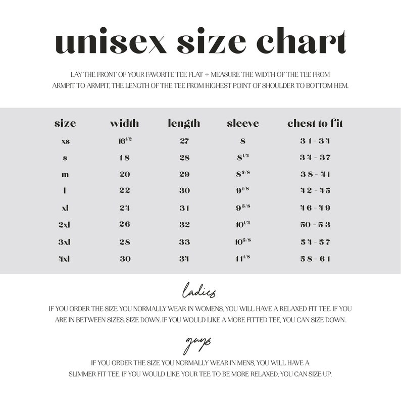 May include: Unisex size chart for a t-shirt with measurements in inches for width, length, sleeve, and chest to fit. The chart includes sizes from XS to 4XL.