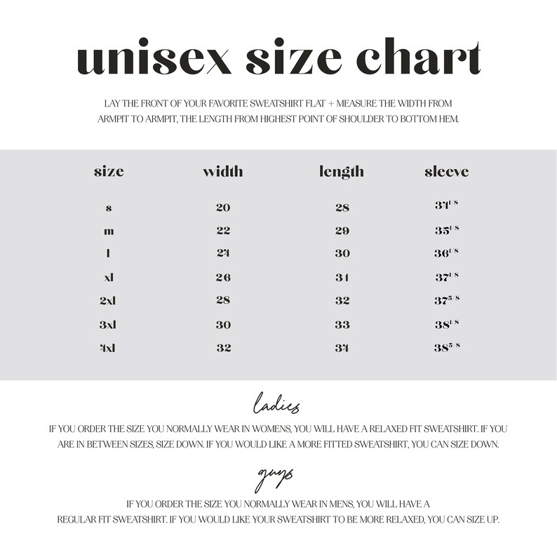 Op de afbeelding: Unisex maattabel voor een sweatshirt. De tabel toont de breedte, lengte en mouwlengte in inches voor de maten S, M, L, XL, 2XL, 3XL en 4XL.