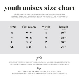 May include: A youth unisex size chart with measurements in inches for width and length. The chart shows sizes S, M, L, and XL, with corresponding fits sizes and measurements. The chart also includes instructions for sizing based on whether you normally wear women's or men's sizes.