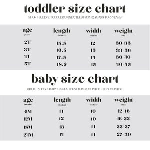 May include: A size chart for toddler and baby short sleeve unisex tees. The chart lists age in years and months, length and width in inches, and weight in pounds.