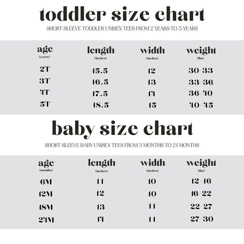 May include: A size chart for toddler and baby short sleeve unisex tees. The chart lists age in years and months, length and width in inches, and weight in pounds.