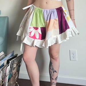 Upcycled Multicolored Patterned Polka Dot Multicolored Purple Pink Patchwork Cheeky Ruffled Ruffle Shorts Bottoms Spring Summer Bottoms