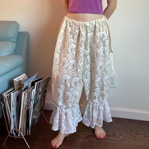 Upcycled Beige Paisley Patterned Sheer Lace White Floral Lace Ruffled Ruffle Bloomer Pants Bottoms Summer Spring Pants