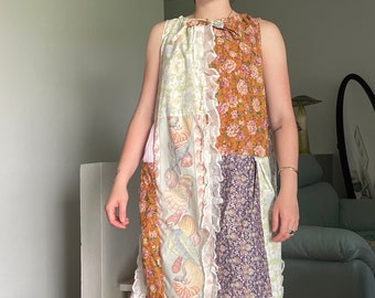 Handmade Upcycled Patchwork Multicolored Patterned Sleeveless Loose Summer Dress with Sheer Ruffles Ruffle Detail Spring Summer