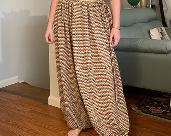 Handmade Upcycled Beige Knit Multicolored Tan Geometric Patterned Wide Leg Harem Pants Bottoms Drawstring Adjustable