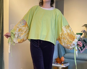 Handmade Upcycled Lime Green Yellow Floral Patterned Long Sleeve Puff Sleeve Batwing Crop Cropped Top Blouse Spring Summer