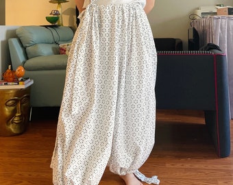 Handmade Upcycled White Black Polka Dot Patterned Pattern Wide Leg Harem Adjustable Tie Pants Bottoms Spring Summer Loose Flowy Pants