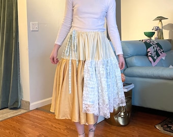 Handmade Upcycled Asymmetrical Skirt White Lace Yellow Stripe Plaid Gingham Gold Ruffled Drop Waist Skirt Bottom