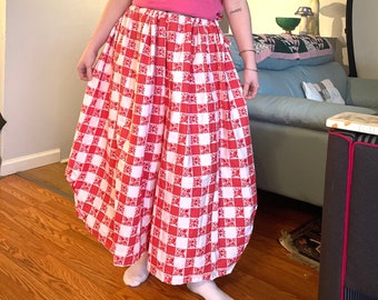 Handmade Upcycled Red White Square Polka Dot Floral Patterned High Waist Loose Wide Leg Pants Summer Spring Bottoms