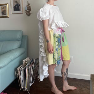 Upcycled One of a Kind White Hi Low Short Sleeve Puff Sleeve Ruffled Blouse Summer Spring Top