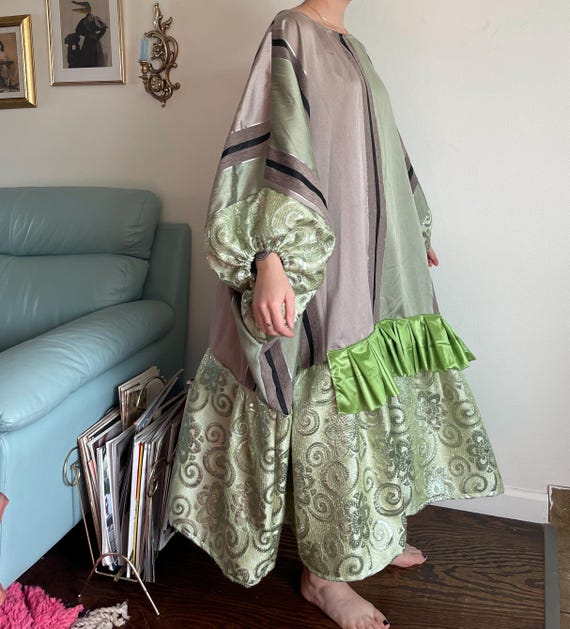 Upcycled OOAK Light Green Silver Black Stripe Striped Drop Waist 60s Metallic Floral Textured Batwing Long Sleeve Ruffled Ruffle Maxi Dress