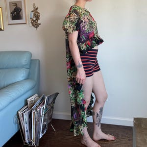 One of a Kind Black Sheer Multicolored Patterned Cheetah Floral Short Sleeve Puff Sleeve Ruffled Ruffle Hi Low Blouse Top