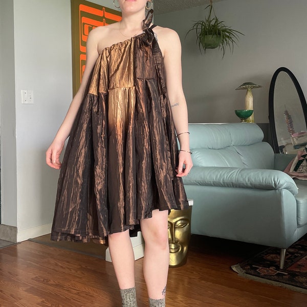 Handmade Upcycled Brown Metallic Crinkle Crinkled Textured One Shoulder Sleeveless Ruffled Asymmetrical Midi Dress Spring Summer