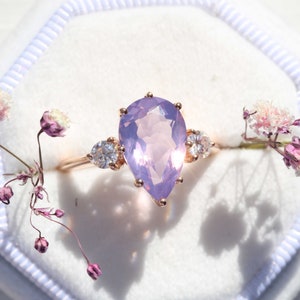 14K Rose Gold Lavender Amethyst and Moissanite ring, Alternative engagement, three stone