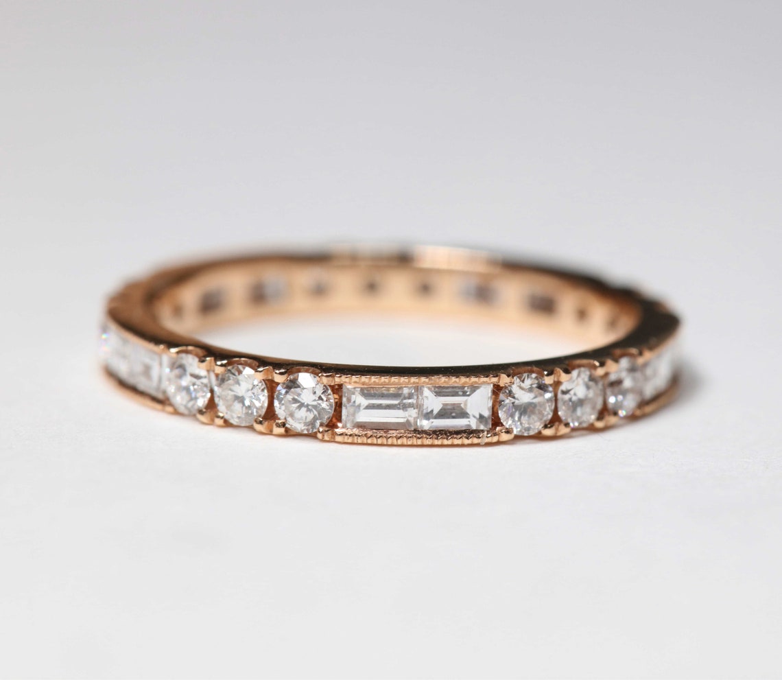 14K Rose Gold Baguette and Round Diamond Band  Wedding and image 1