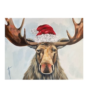 May include: A painting of a moose wearing a red and white Santa hat. The moose is looking directly at the viewer with a serious expression. The background is a light blue color.