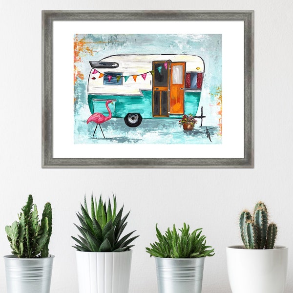 Camper Art Print . Vintage Camper . Home Decor . Camper picture . Flamingo Art