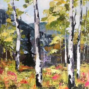 May include: A painting of a forest scene with birch trees, green leaves, and a blue sky. The trees are painted in a white and black abstract style. The background is a blur of green and blue.