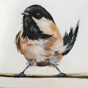 May include: A painting of a small bird with black and white feathers and a brown and white body. The bird is perched on a branch with its wings spread out.