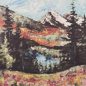 Könnte beinhalten: Ein Gemälde einer Berglandschaft mit einem schneebedeckten Gipfel, einem See und Bäumen im Vordergrund. Die Farben sind leuchtend und die Pinselstriche sind locker und ausdrucksstark.