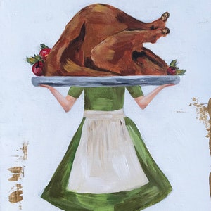 May include: A painting of a woman in a green dress and white apron holding a platter with a roasted turkey and red berries on top.
