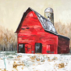 May include: A red barn with a gray roof and a silo. The barn is surrounded by snow and trees.