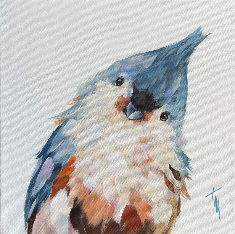 May include: An original oil painting of a bird with blue, white, brown, and orange feathers. The bird is tilted, with a dark blue crest and a curious expression. The artwork is on a white canvas.