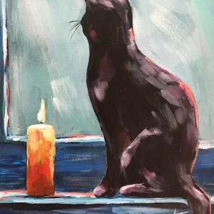 May include: A black cat sits on a windowsill, looking out at a lit candle. The cat is painted in a realistic style, with a focus on its fur and eyes. The candle is a simple, yellow candle with a red flame.