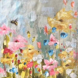 May include: An abstract painting of a field of flowers with a bee in flight. The flowers are painted in shades of pink, yellow, blue, and white against a textured, gray background. The bee is brown and yellow.