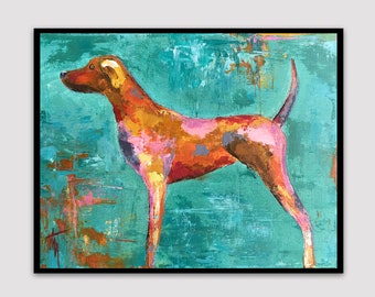 May include: A painting of a dog with a brown, pink, and orange coat standing on a turquoise background. The dog is in profile and has a long snout and tail.