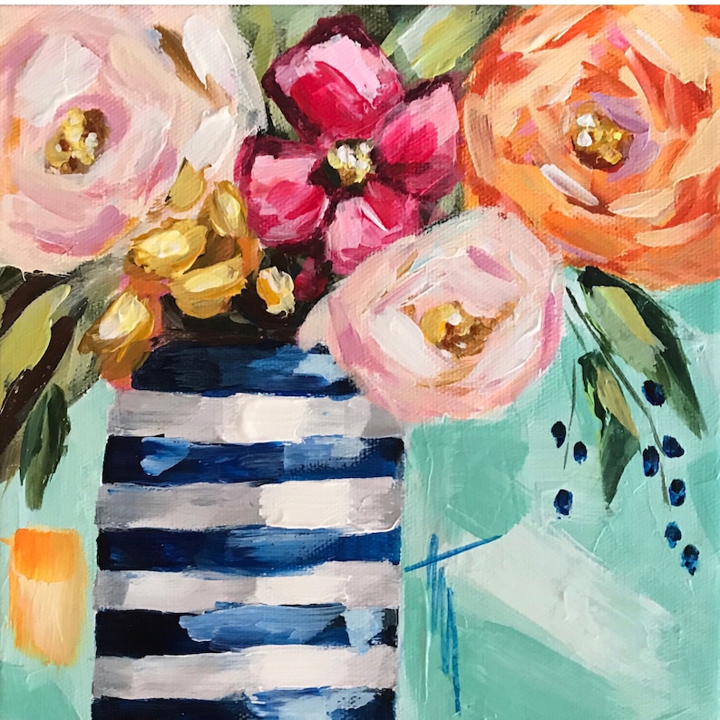 May include: A painting of a bouquet of pink, orange, and red flowers in a blue and white striped vase. The flowers are painted in a loose, impressionistic style, and the vase is set against a light blue background.