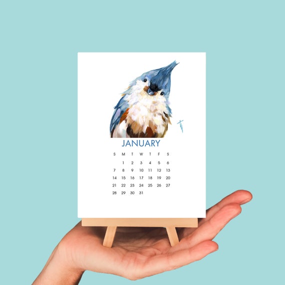 2027 Bird calendar with Easel,  Desktop Calendar, Cardinal Art, Songbird Art, Titmouse, Hummingbird, Bluebird, Chickadee, Dove, Bluejay,