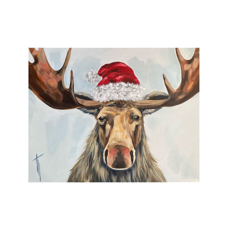 May include: A painting of a moose wearing a red and white Santa hat. The moose is looking directly at the viewer with a serious expression. The background is a light blue color.