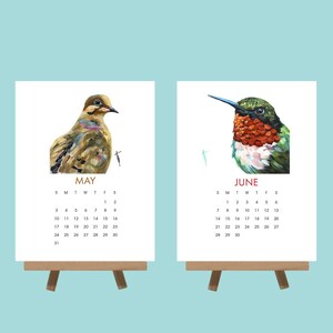 May include: Two small wooden easels each hold a white calendar page. One calendar shows a bird illustration with the month of May, and the other shows a hummingbird illustration with the month of June. The calendars display the days of the month.