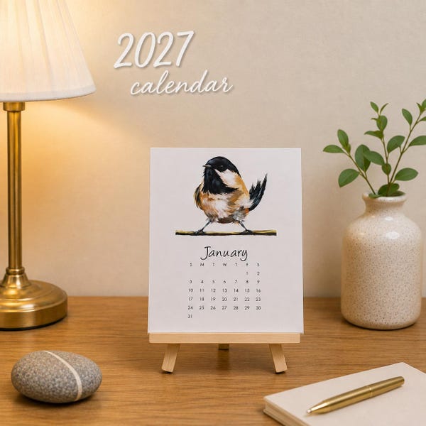 2027 Bird Desk Calendar, Midwest Acrylic Paintings, Wooden Easel Stand