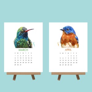 May include: Two small wooden easels display watercolour art calendars. One calendar shows a hummingbird with the month of March, the other a bluebird with the month of April. Each calendar has a corresponding calendar grid.