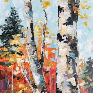May include: A painting of birch trees with white bark and black markings. The trees are in a forest setting with a blue sky and yellow, orange, and red leaves.