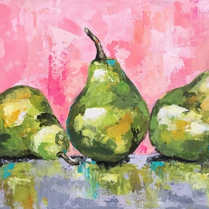 May include: Three green pears with yellow highlights are arranged on a gray surface against a pink background. The pears are painted in a loose, impressionistic style.