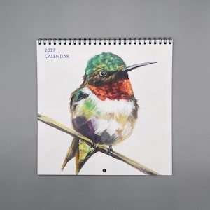 May include: A 2027 calendar featuring a colourful painting of a hummingbird perched on a thin branch. The bird has a green head, a bright red throat, and white chest feathers. The calendar is bound with a black spiral wire at the top edge.