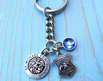 ST. Michael's POLICE Officer Keychain, Police Academy Graduation Stainless Steel Keychain Key Ring Gift