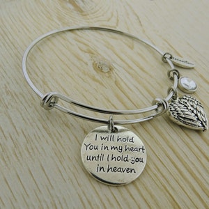 I Will Hold You in My Heart Until I Hold You in Heaven Puffed Angel Wings Heart Clear Crystal Memorial Stainless Steel Adjustable Bracelet