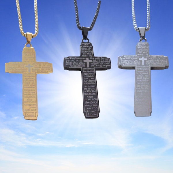 Lord's Prayer Christian Stainless Steel Cross Pendant Necklace – Matthew 6:9-13