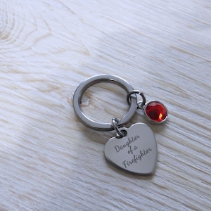 Daughter of a Firefighter Heart Charm Keychain, Fireman&#39;s Daughter Keyring Stainless Steel Keyring with Red Crystal Charm Keyring Gift