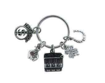 Casino Slot Machine Jackpot Money Bag Stainless Steel Keychain Lucky Slot Machine Winner Lucky Charms Keyring with Swivel Clasp Zipper Pull