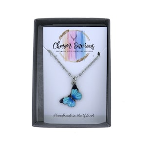 Blue Enamel Butterfly Pendant Necklace on a Stainless-Steel Cable Chain Pretty Butterfly Necklace Gift Butterfly Jewelry