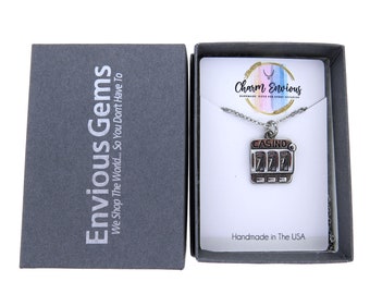 Casino Slot Machine Pendant Necklace Stainless Steel Charm on a Stainless-Steel Cable Chain Gambling Gift Slot Machine Casino Jewelry