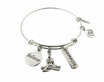 Yoga Believe Namaste Silver Expandable Stainless Steel Bracelet OM Adjustable Wire Bracelet