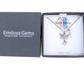 Angel with Open Arms and Cross Pendant Necklace Angel Charm on a Stainless-Steel Cable Chain Guardian Angel Religious Jewelry