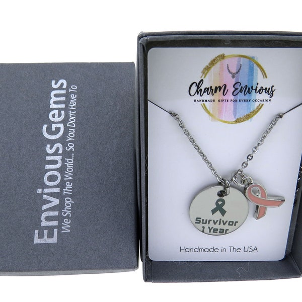 Cancer Survivor Year Breast Cancer Awareness with Pink Enamel Ribbon Pendant Necklace Stainless-Steel Cable Chain (1, 2, 3, 4, 5 & 10 Year)